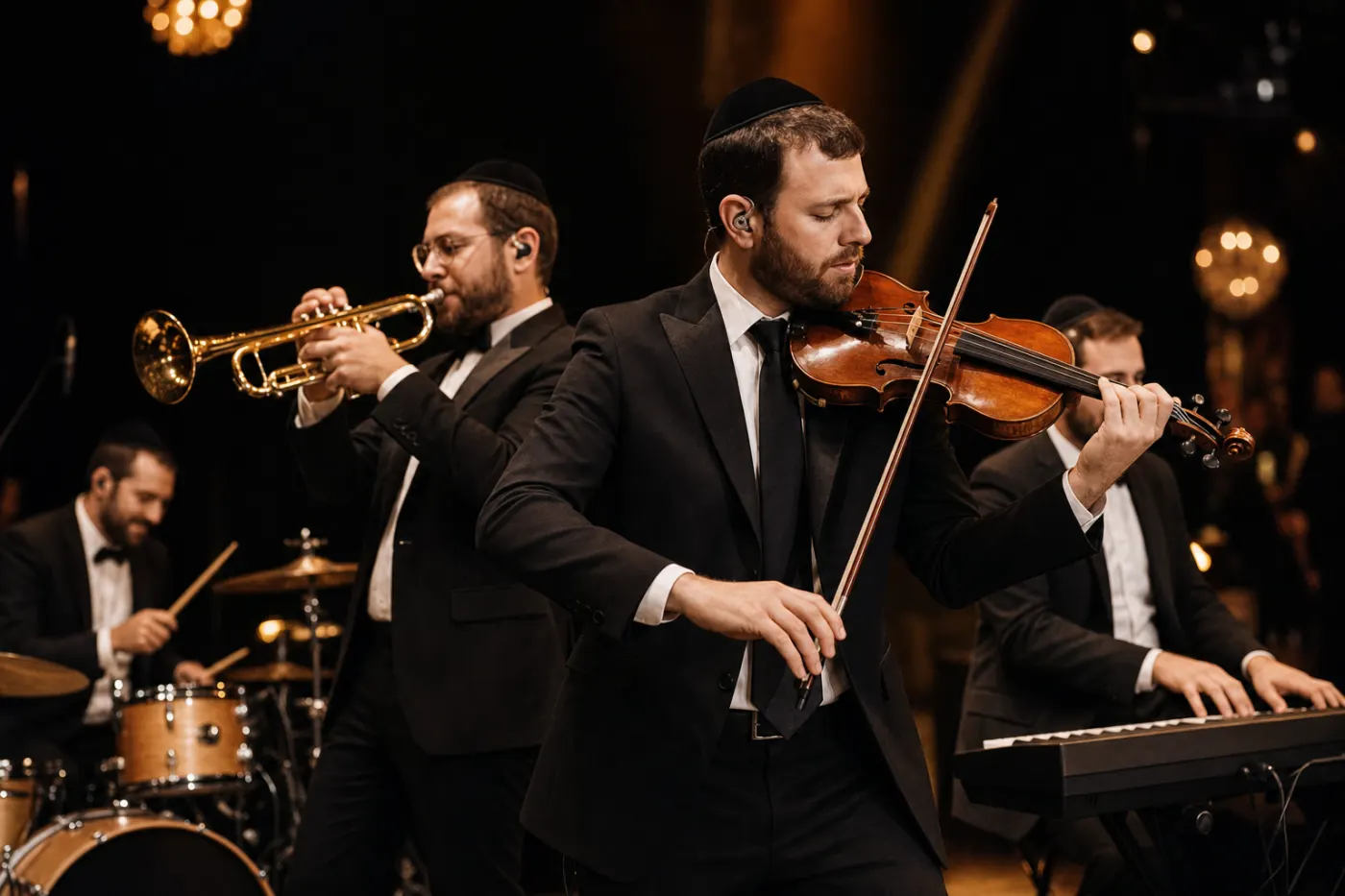 Musicians performing on a warmly lit stage